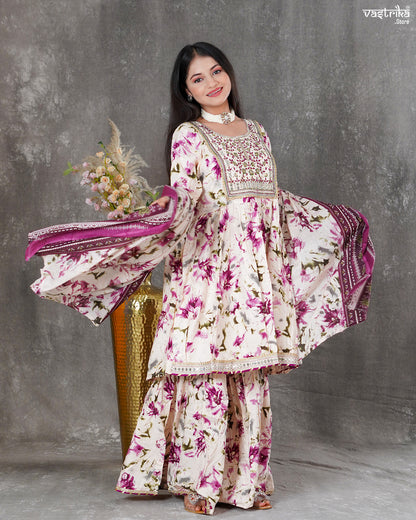 Purple Ryon Cotton Kurti with Sharara & Dupatta