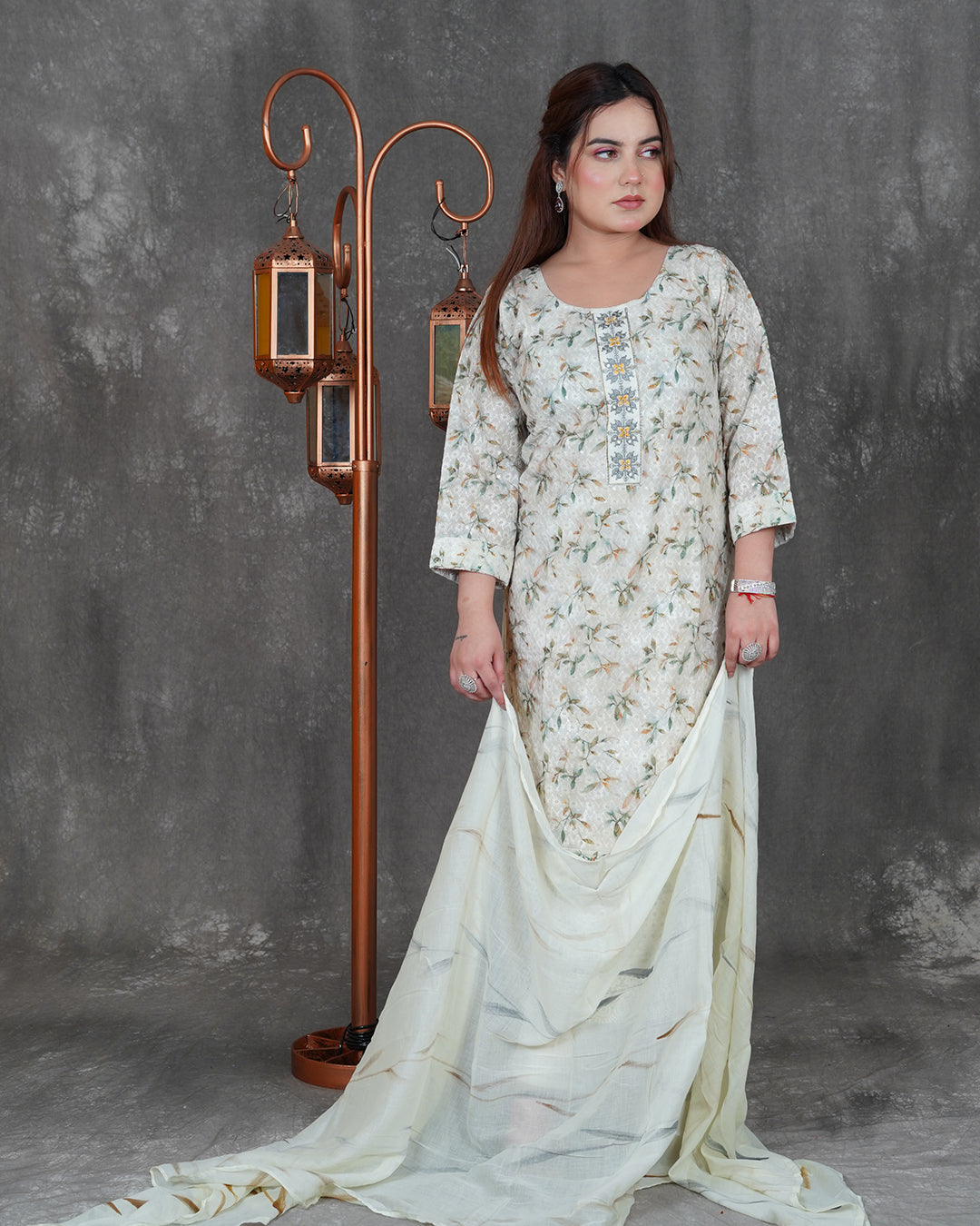 Cotton Kurti Set with Chikan Work & Printed Dupatta