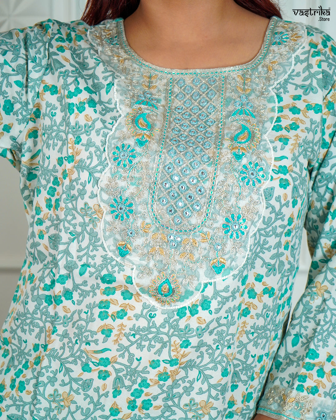 Sea Green Cotton Printed Kurti Set with Jari Work