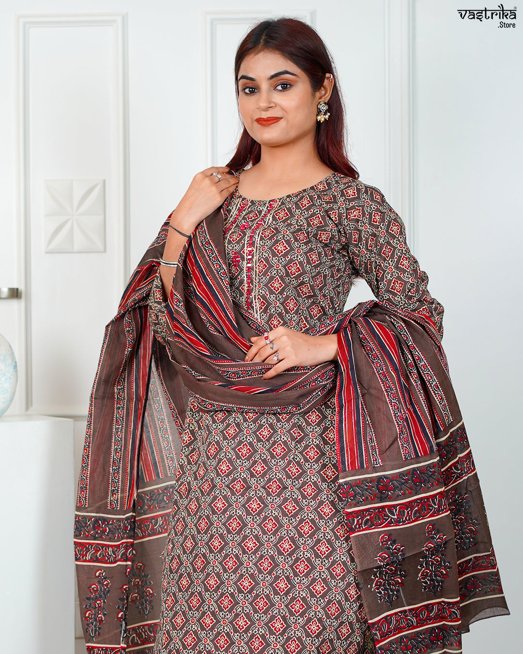 Brown Cotton Printed Kurti Set with Mirror & Thread Work