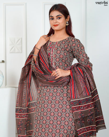 Brown Cotton Printed Kurti Set with Mirror & Thread Work