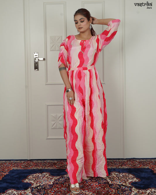 Multicolour Handworked Santoon Jumpsuit with Belt