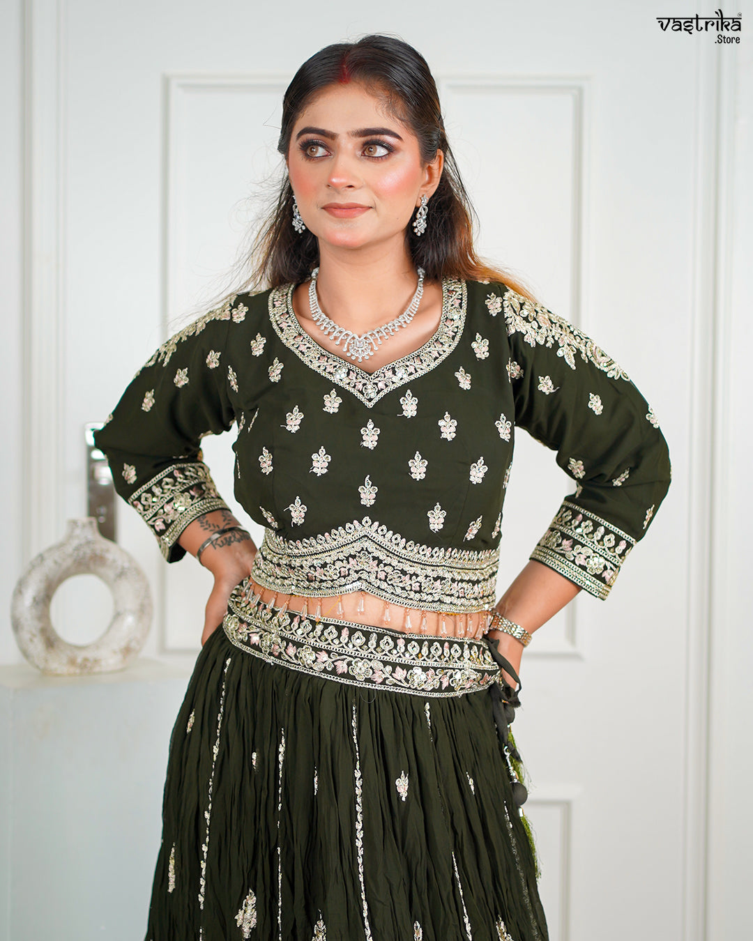 Mehndi Georgette Crop Top with Skirt Set