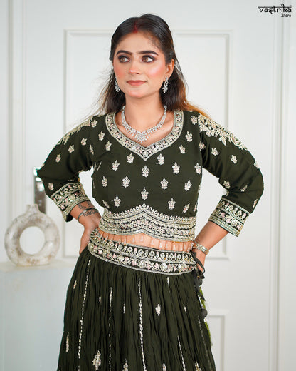 Mehndi Georgette Crop Top with Skirt Set