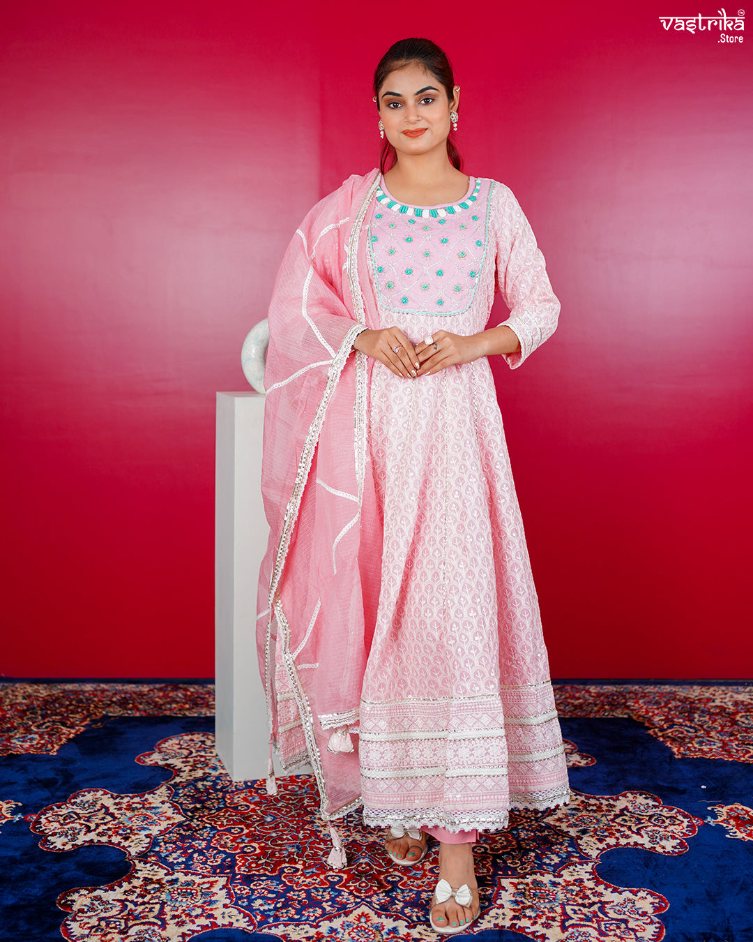 Pink Cotton Frock Set with Lace & Handwork