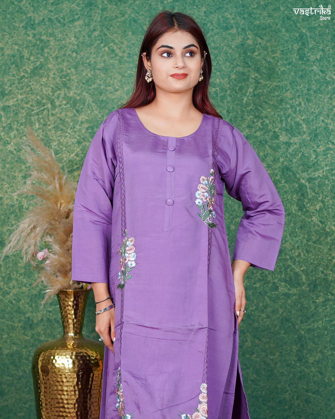 Purple Roman Silk Kurti Set with Thread & Handwork