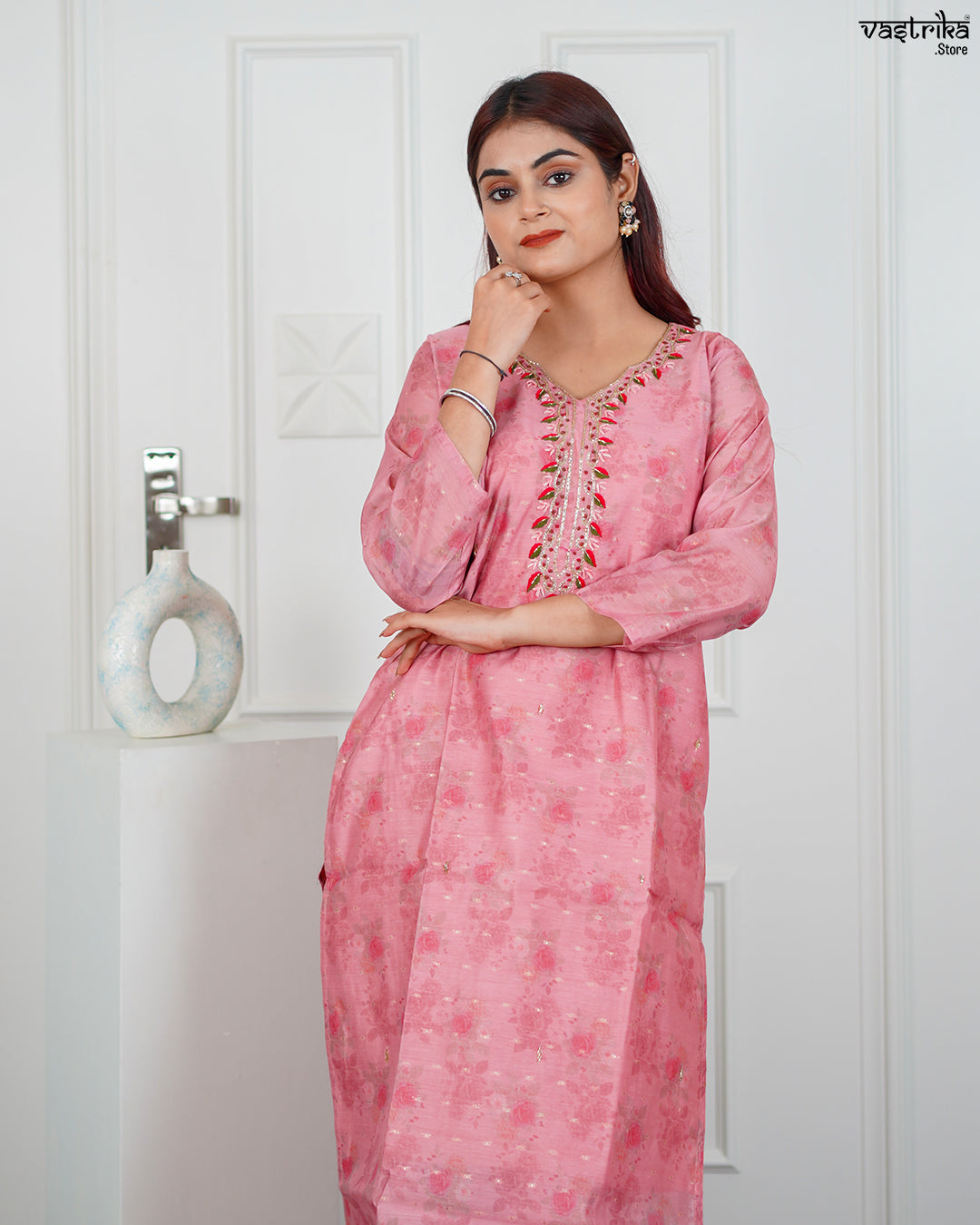 Gajri Chanderi Silk Kurti Set with Banarasi Printed Dupatta