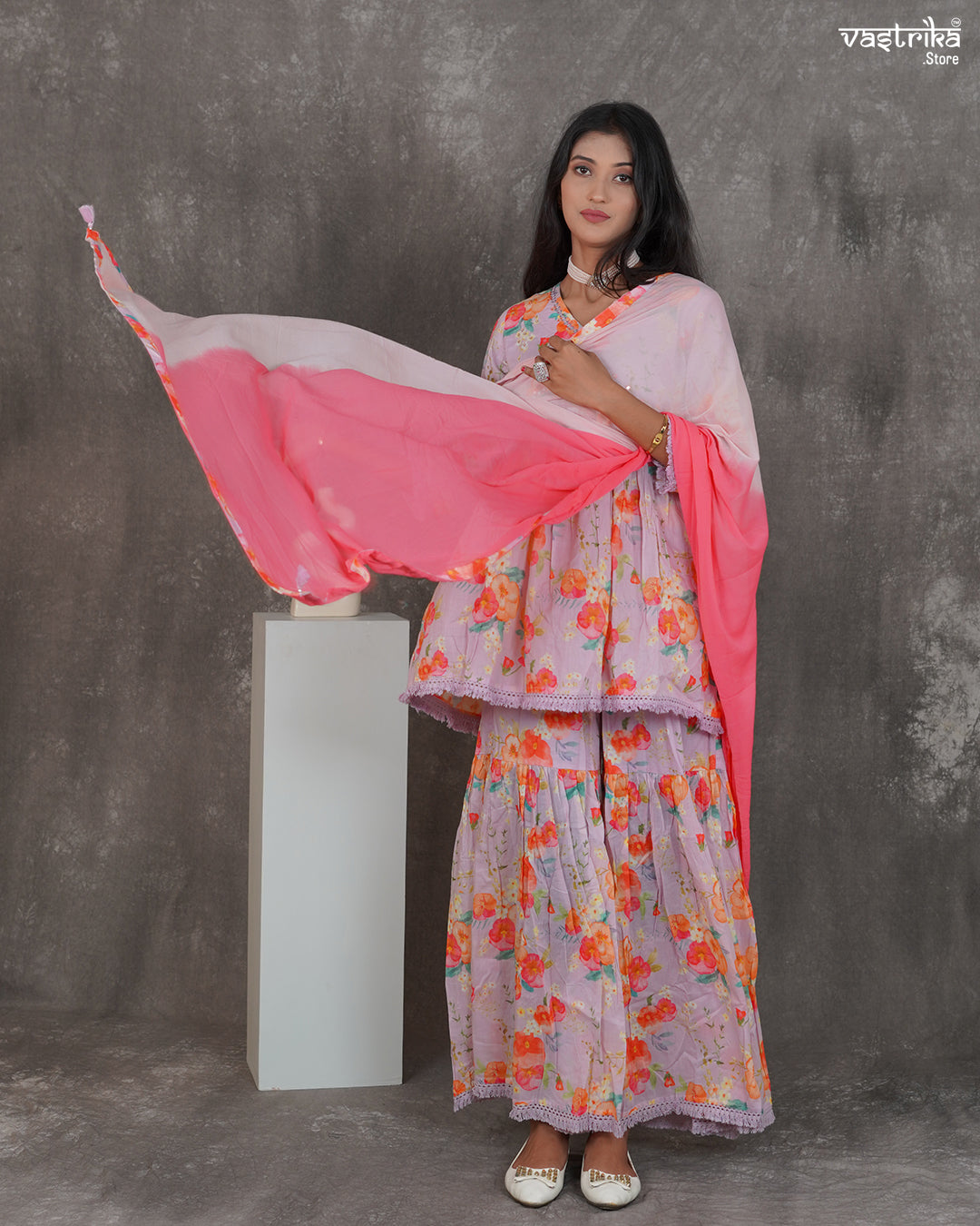 Alia-Cut Kurti & Printed Sharara Set with Resham Work Dupatta