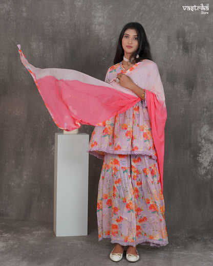 Alia-Cut Kurti & Printed Sharara Set with Resham Work Dupatta