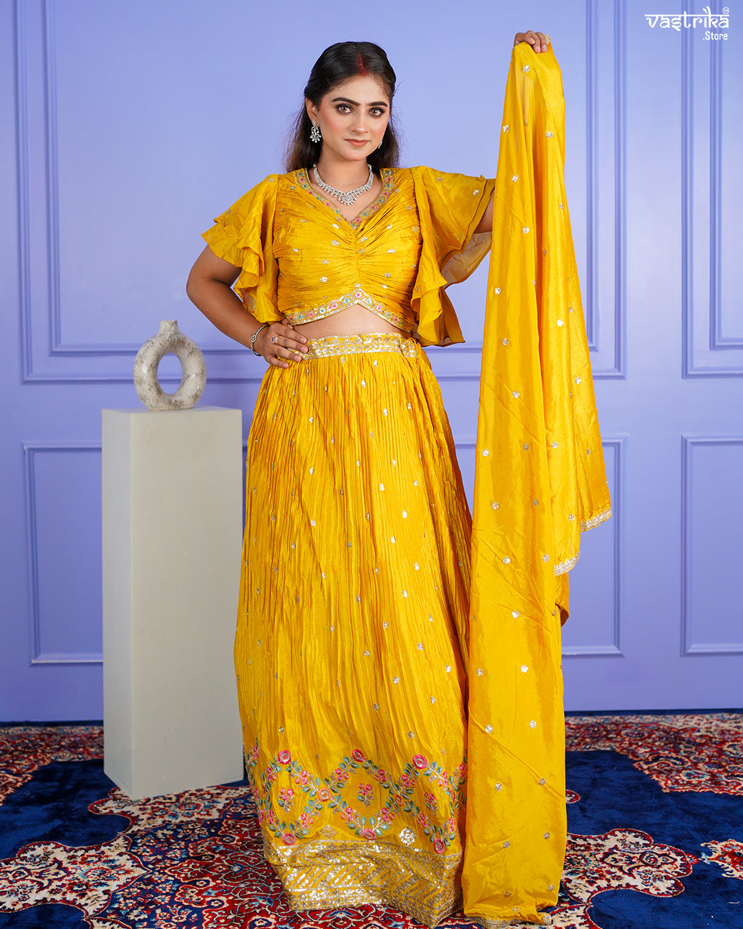 Mustard Chinon Crop Top with Skirt Set