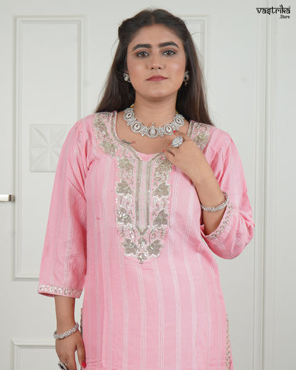 Hand Jari Thread Work Kurti Set with Lace Border Bottom