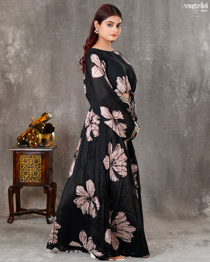 Black Chiffon Short Top with Skirt – Digital Print & Handwork
