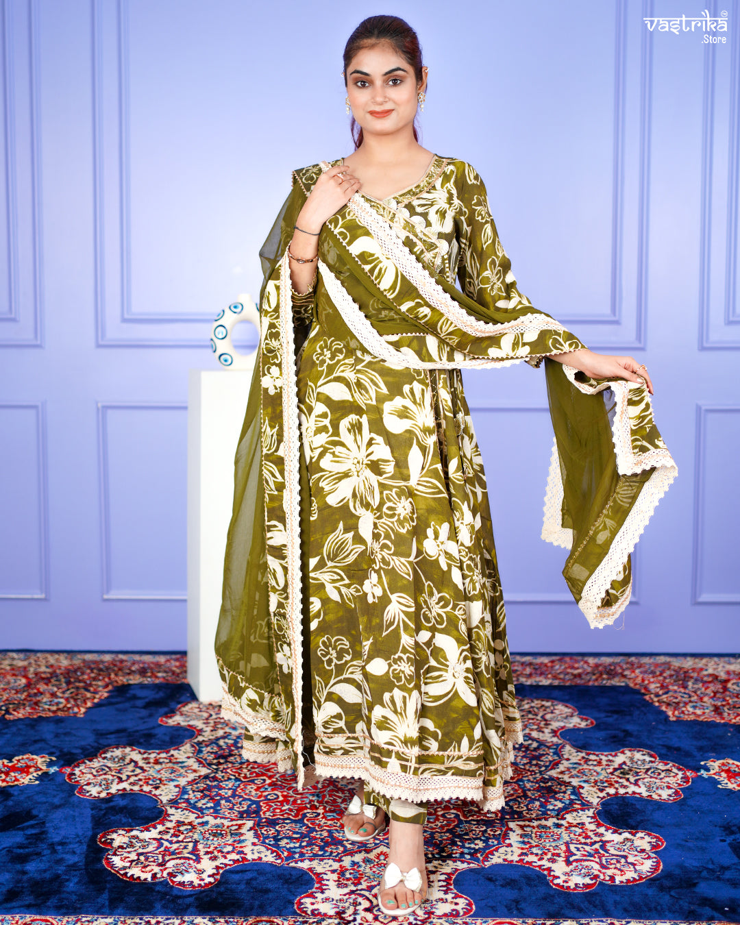 Mehndi Maslin Angrakha Frock Set with Gotti Pata Work