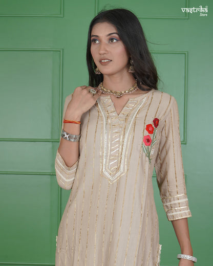 Jari & Handwork Kurti Set with Organza Dupatta