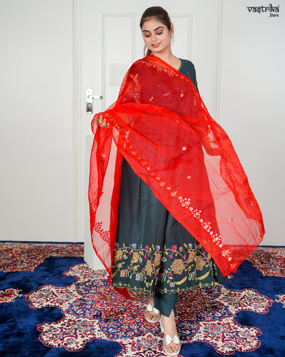 Bottle Green Ryon Cotton Aalia Cut Frock Set with Sequence & Resham Work