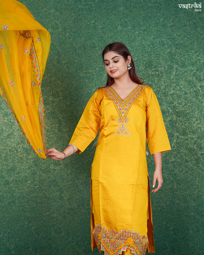 Mustard Roman Silk Kurti Set with Katdana & Thread Work