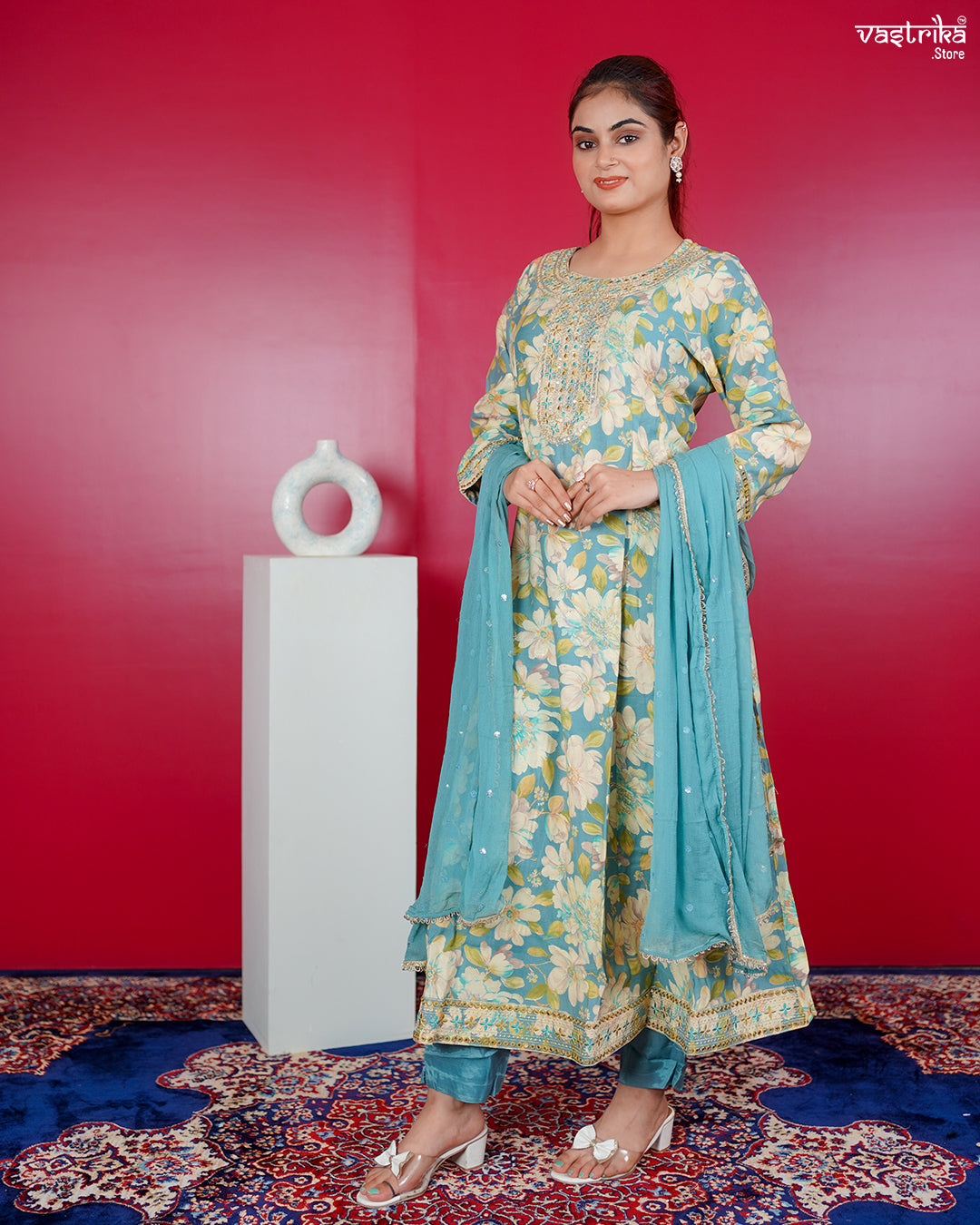 Firozi Maslin Frock Set with Jari & Sequence Work