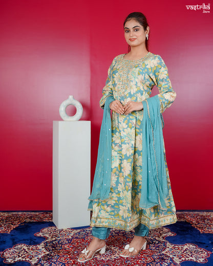 Firozi Maslin Frock Set with Jari & Sequence Work