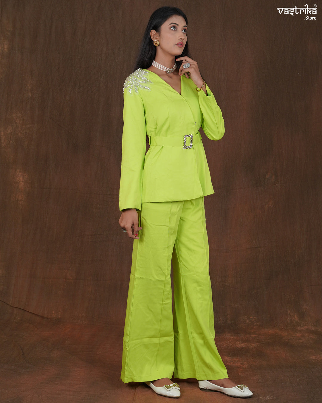 Crape Blazer-Style Cord Set with Belt & Shoulder Embellishment