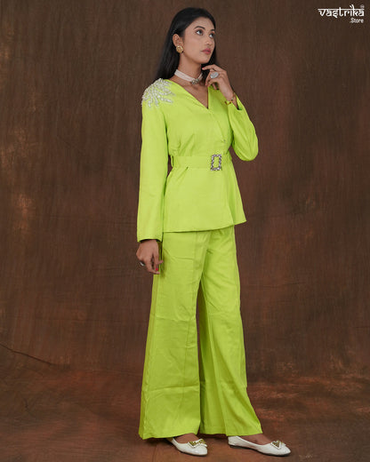 Crape Blazer-Style Cord Set with Belt & Shoulder Embellishment