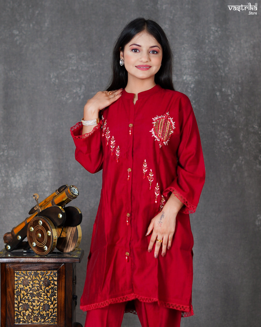 Maroon Silk Coord Set with Handworked Collar
