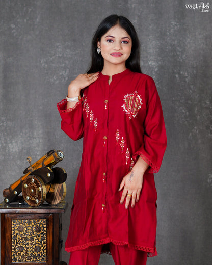 Maroon Silk Coord Set with Handworked Collar
