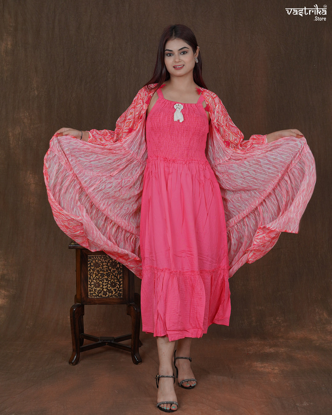 Elara Printed Frock & Handworked Georgette Shrug Set