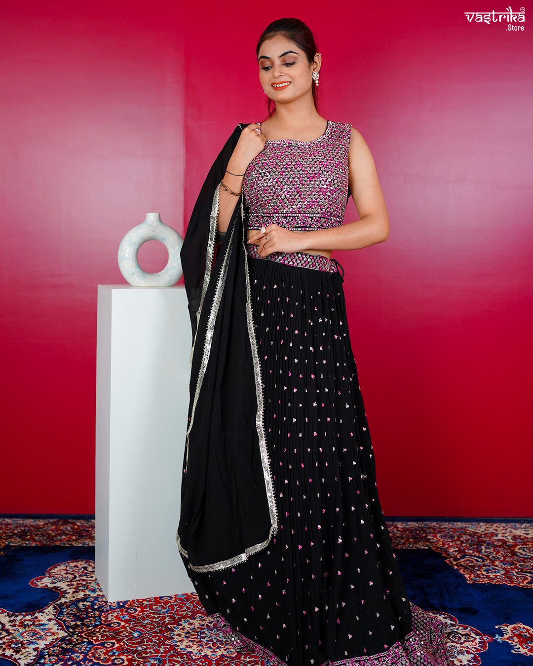 Black Georgette Crop Top with Skirt Set