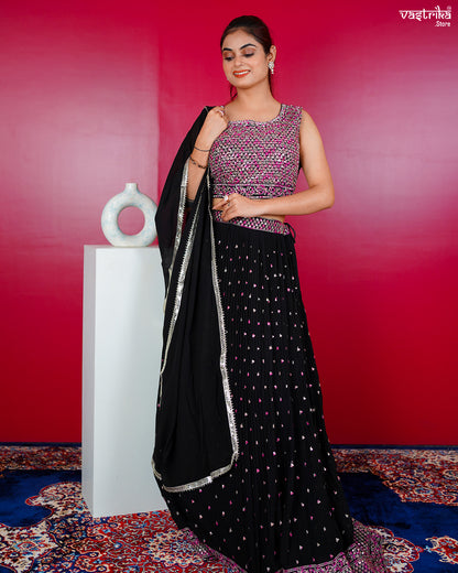 Black Georgette Crop Top with Skirt Set