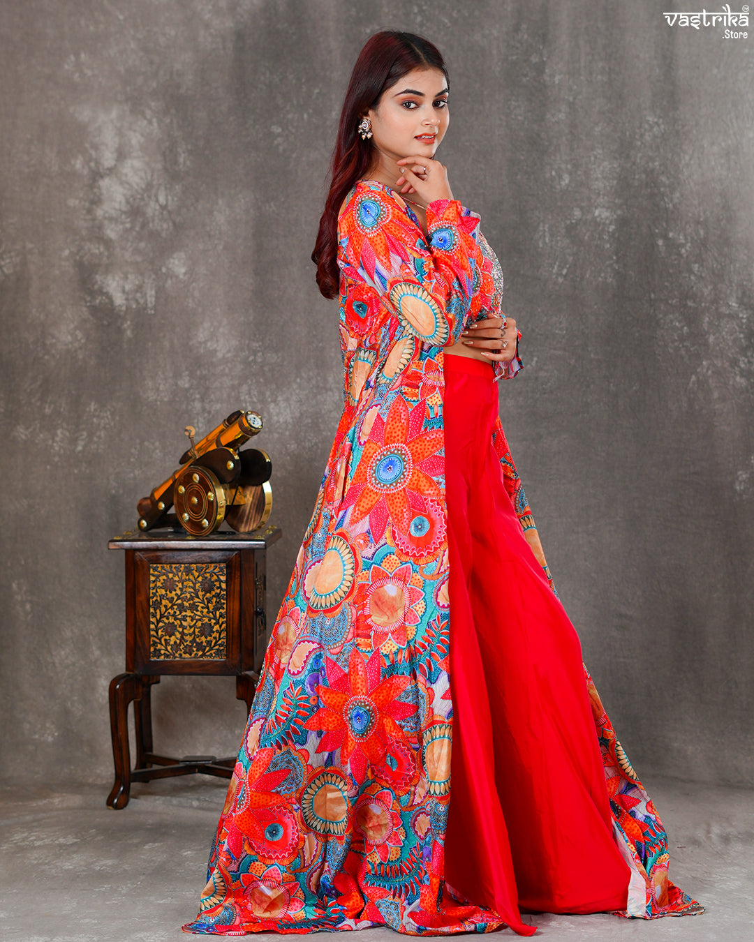 Maslin Crop Top with Flapper, Shrug & Crape Palazzos