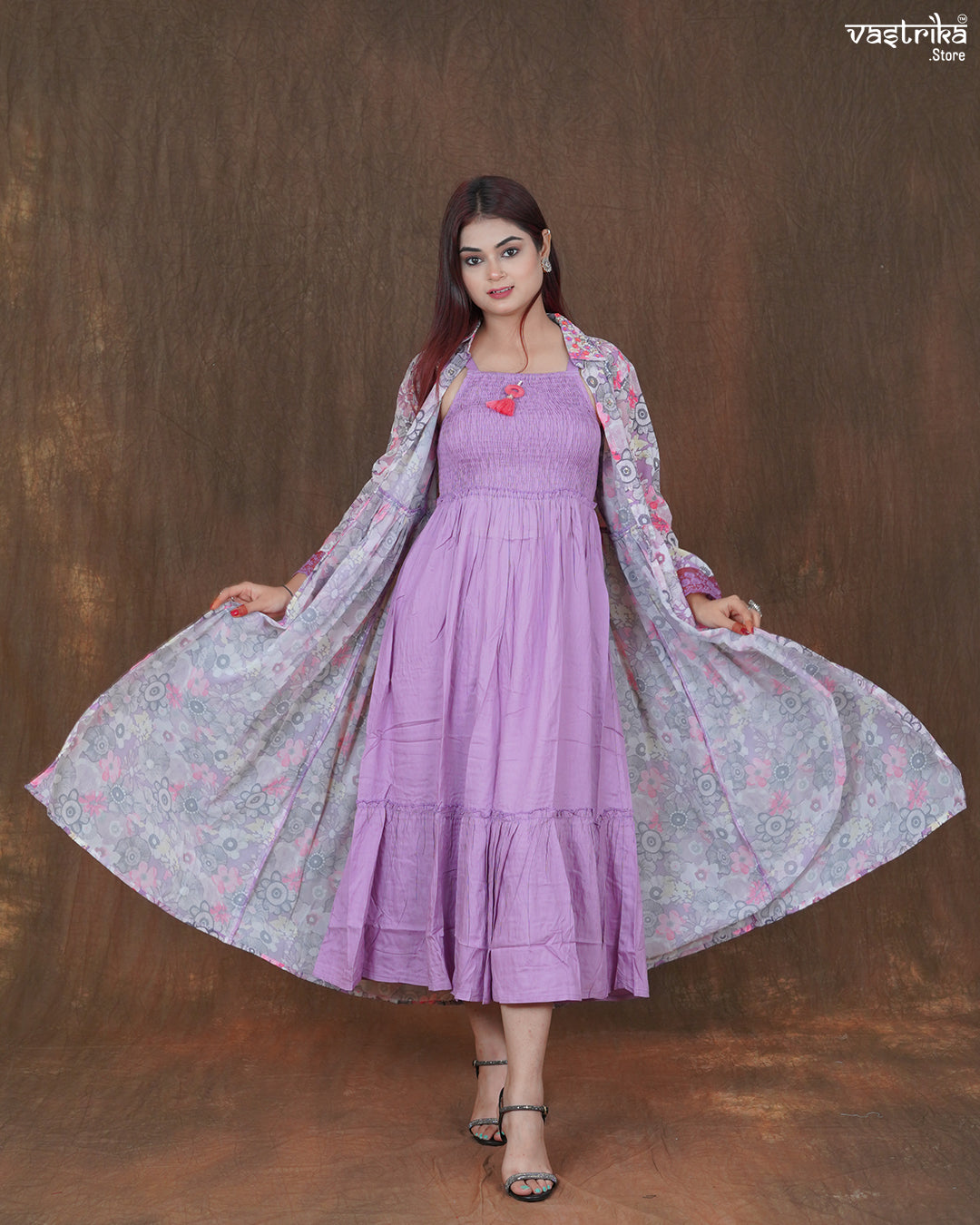 Amara Printed Frock & Handworked Georgette Shrug Set