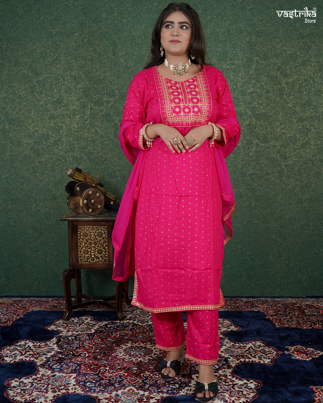 Resham & Thread Work Kurti Set with Block Print Pants