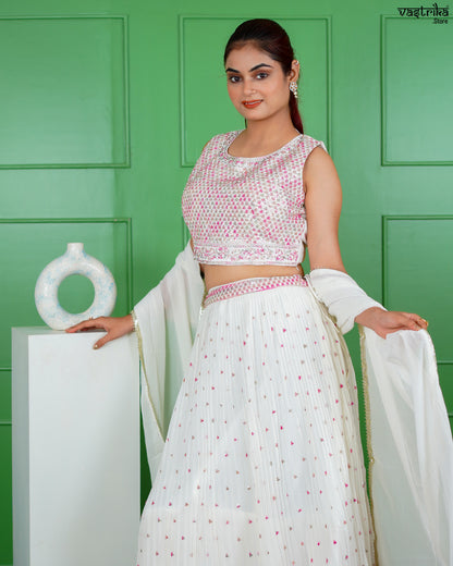 Off-White Georgette Crop Top with Skirt Set