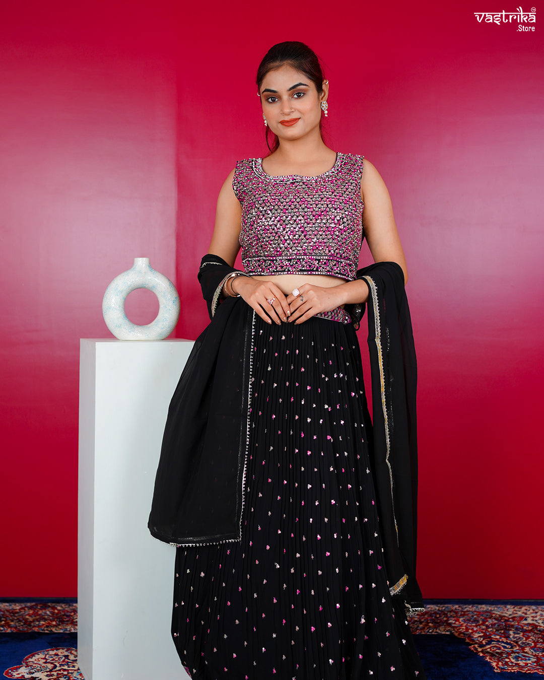 Black Georgette Crop Top with Skirt Set