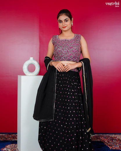 Black Georgette Crop Top with Skirt Set