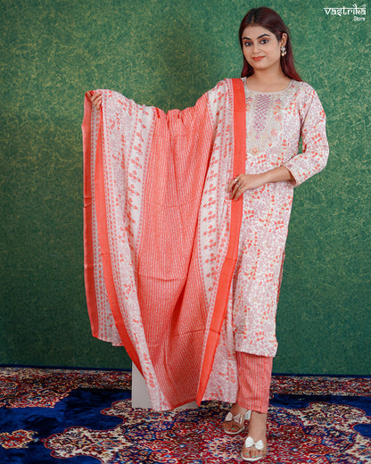 Orange Cotton Printed Kurti Set with Jari Work