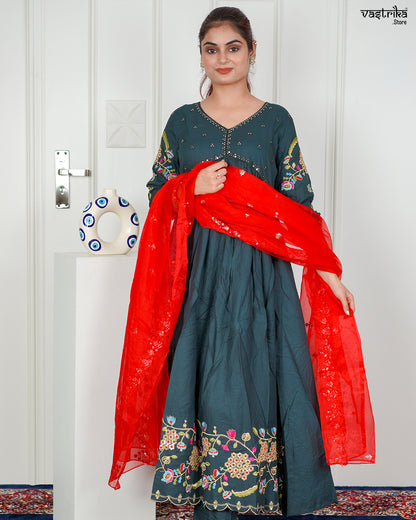 Bottle Green Ryon Cotton Aalia Cut Frock Set with Sequence & Resham Work