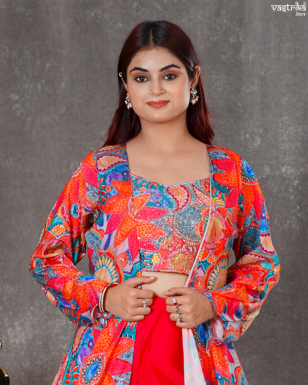 Maslin Crop Top with Flapper, Shrug & Crape Palazzos