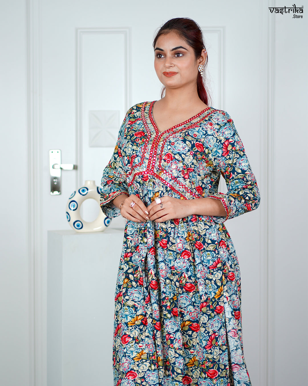 Firozi Ryon Cotton Aalia Cut Frock Set with Sequence & Thread Work