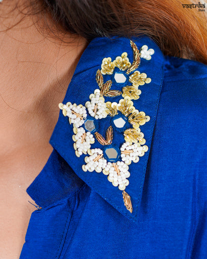 Blue Masleen Coord Set with Handwork