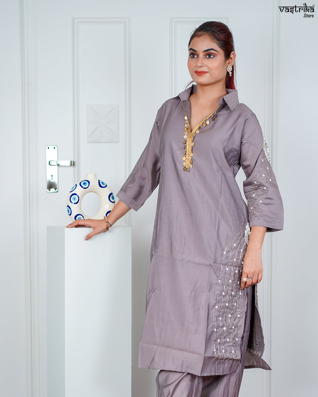 Grey Masleen Coord Set with Handwork & Sequence