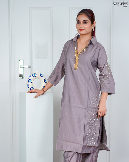 Grey Masleen Coord Set with Handwork & Sequence