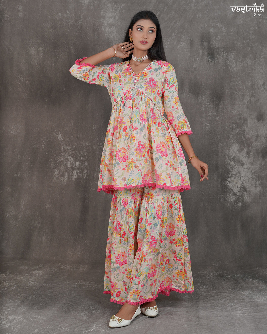 Printed V-Neck Kurti & Alia-Cut Sharara Set with Double-Shaded Dupatta