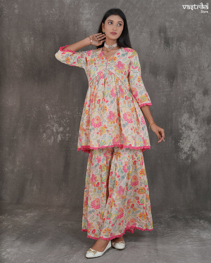 Printed V-Neck Kurti & Alia-Cut Sharara Set with Double-Shaded Dupatta