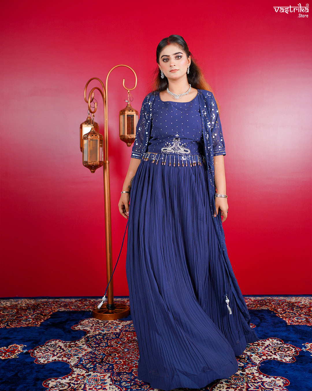 Grey Georgette Crop Top with Skirt and Shrug Set