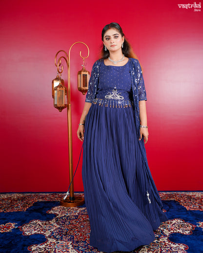 Grey Georgette Crop Top with Skirt and Shrug Set