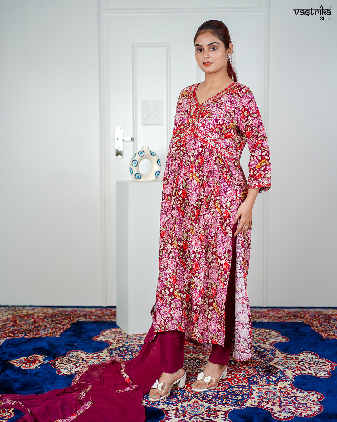 Wine Ryon Cotton Aalia Cut Frock Set with Sequence & Thread Work