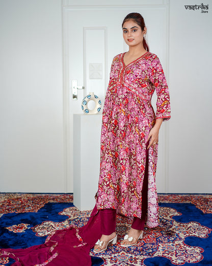 Wine Ryon Cotton Aalia Cut Frock Set with Sequence & Thread Work