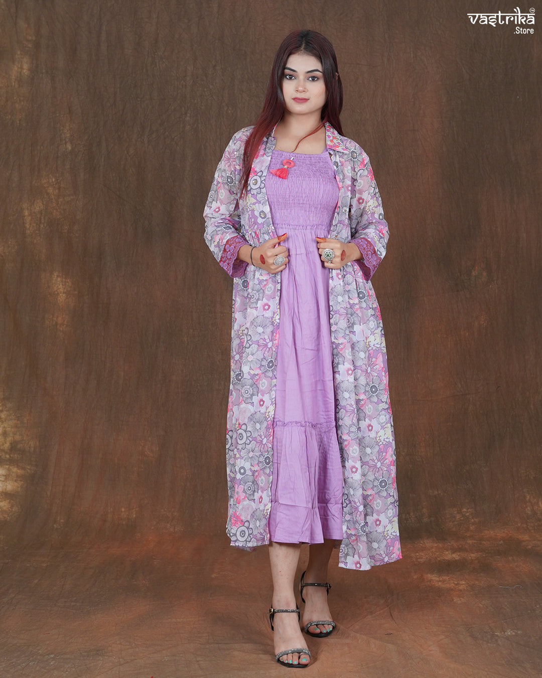 Amara Printed Frock & Handworked Georgette Shrug Set