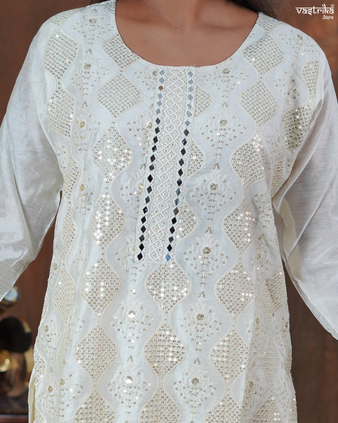 Cotton Kurti Set with Handwork & Sequins with Chiffon Dupatta